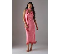 Warehouse Petite Satin Jacquard Cowl Scarf Neck Fringe Midi Slip Dress In Pink pink 8