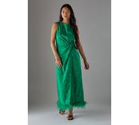 Warehouse Petite Satin Jacquard Feather Twist Front Cowl Back Midi Dress In Green green