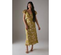Warehouse Petite Satin Knot Front Cut Out Midi Dress In Olive olive 14