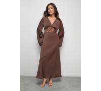 Warehouse Petite Satin Lace Insert Flute Sleeve Midi Dress In Chocolate chocolate 14