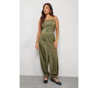 Warehouse Petite Satin Lace Trim Elasticated Cuff Strappy Jumpsuit In Olive olive