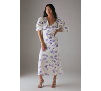 Warehouse Petite Satin Pleat Volume Sleeve Plunge Bias Midi Dress In Lilac lilac 8
