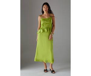 Warehouse Petite Satin Strappy Seam Detail Peplum Midi Dress In Chartreuse chartreuse
