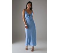 Warehouse Petite Satin Strappy Tie Front Maxi Slip Dress In Baby Blue baby blue 14