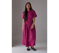 Warehouse Petite Seersucker Organza Godet Side Puff Sleeve Midi Dress In Hot Pink hot pink 10