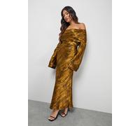 Warehouse Petite Shimmer Satin Foldover Bardot Bias Midi Dress In Chocolate chocolate 4