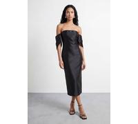 Warehouse Women's Petite Structured Puff Sleeve Bardot Midi Dress in Black | Size: 8 Warehouse Black 8