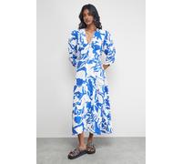 Petite Viscose Floral V Neck Puff Sleeve Midi Dress Warehouse Blue 10