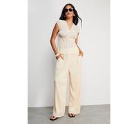 Warehouse Plisse High Waisted Wide Leg Trousers In Cream cream 14