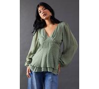 Warehouse Plunge Neck Dobby Chiffon Double Layer Blouse In Khaki khaki 6