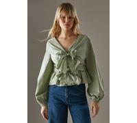 Warehouse Poplin Tie Front Balloon Sleeve Blouse In Khaki khaki 10