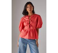 Warehouse Poplin Tie Front Volume Sleeve Blouse In Coral coral 8
