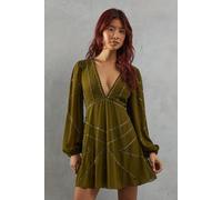 Warehouse Premium Chiffon Embellished Sequin Plunge Neck Mini Dress In Olive olive 10