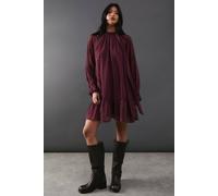 Warehouse Premium Chiffon Tie Neck Moon Embellished Sequin Mini Smock Dress In Burgundy burgundy