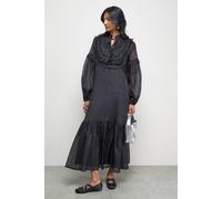 Warehouse Premium Crinkle Stripe Organza Frill Pleat Detail Midi Dress In Black black 10