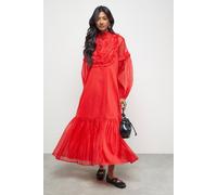 Warehouse Premium Crinkle Stripe Organza Frill Pleat Detail Midi Dress In Red red