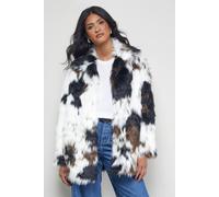 Warehouse Premium Funnel Neck Mono Cow Print Faux Fur Coat mono 12