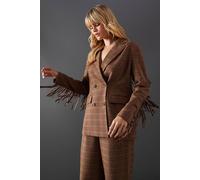 Warehouse Women's Premium Oversized Heritage Check Fringed Blazer in Brown | Size: 6