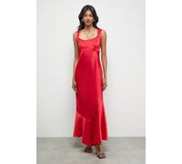 Warehouse Premium Viscose Satin Raw Edge Asymmetric Midi Slip Dress In Red red