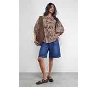 Warehouse Print Poplin Tie Front Volume Sleeve Blouse In Animal animal 8