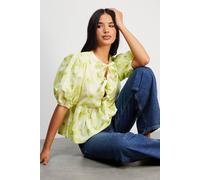 Warehouse Print Poplin Tie Front Volume Sleeve Blouse In Lime lime 10