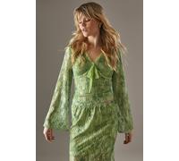 Warehouse Printed Lace Tie Front Flare Sleeve Top In Green green 8