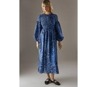 Warehouse Printed Textured Organza Shirred Midaxi Dress In Blue blue 8