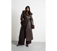 Warehouse Pu Belted Faux Fur Collar Trench Coat In Chocolate chocolate M