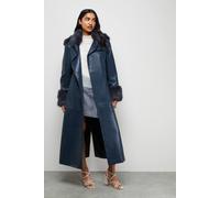 Warehouse Women's PU Belted Faux Fur Collar Trench Coat in Teal | Size: XS Warehouse Teal XS