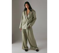 Warehouse Women's Relaxed Satin Wide Leg Trousers with Raw Edge Waistband in Khaki | Size: 10