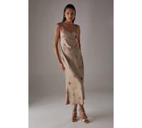 Warehouse Rose Satin Tie Strap Lace Detail Midi Slip Dress In Floral floral 14