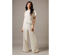 Warehouse Satin Chiffon Mix One Shoulder Drape Jumpsuit In Cream cream 12