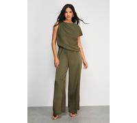 Warehouse Satin Chiffon Mix One Shoulder Drape Jumpsuit In Dark Olive dark olive 8