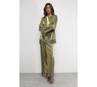 Warehouse Satin Fringe Hem High Waisted Trouser In Dark Olive dark olive 12