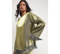 Warehouse Satin Fringe Hem Oversized Top In Dark Olive dark olive 14