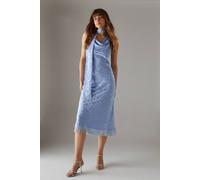 Warehouse Satin Jacquard Cowl Scarf Neck Fringe Midi Slip Dress In Cornflower Blue cornflower blue 12