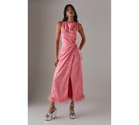 Warehouse Satin Jacquard Feather Twist Front Cowl Back Midi Dress In Pink pink 8