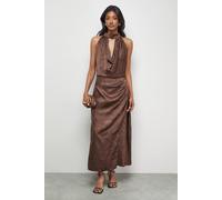 Warehouse Satin Jacquard Halter Keyhole Front Midi Dress In Chocolate chocolate 12