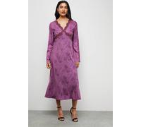 Warehouse Satin Jacquard Lace Insert Godet Midi Dress In Animal animal 10