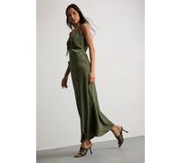 Warehouse Women's Satin Strappy Tie Front Maxi Slip Dress in Dark Olive | Size: 12 Warehouse Dark Olive 12