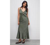 Warehouse Satin Strappy Tie Front Maxi Slip Dress In Dark Olive dark olive 18