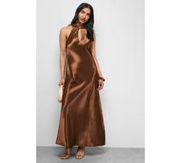 Warehouse Satin Tie Neck Cowl Front Maxi Dress In Chocolate chocolate 6