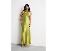 Warehouse Satin Tie Neck Cowl Front Maxi Dress In Olive olive 16