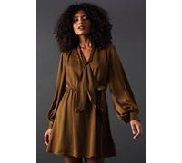 Warehouse Satin Tie Neck Flippy Mini Dress In Olive olive 8
