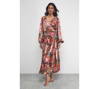 Warehouse Satin Tie Waist Wrap Ruffle Tier Maxi Dress In Floral floral 8