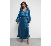 Warehouse Satin Tie Waist Wrap Ruffle Tier Maxi Dress In Teal teal 14