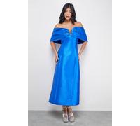 Warehouse Satin Twill Notch Front Bardot Midi Dress In Cobalt cobalt 14