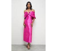 Warehouse Satin Twill Notch Front Bardot Midi Dress In Pink pink 8