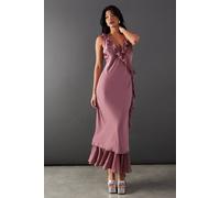 Warehouse Satin Wrap Chiffon Frill Detail Midi Dress In Mauve mauve 10