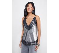 Warehouse Sequin Lace Trim High Apex Cami Top In Gun Metal gun metal 14
